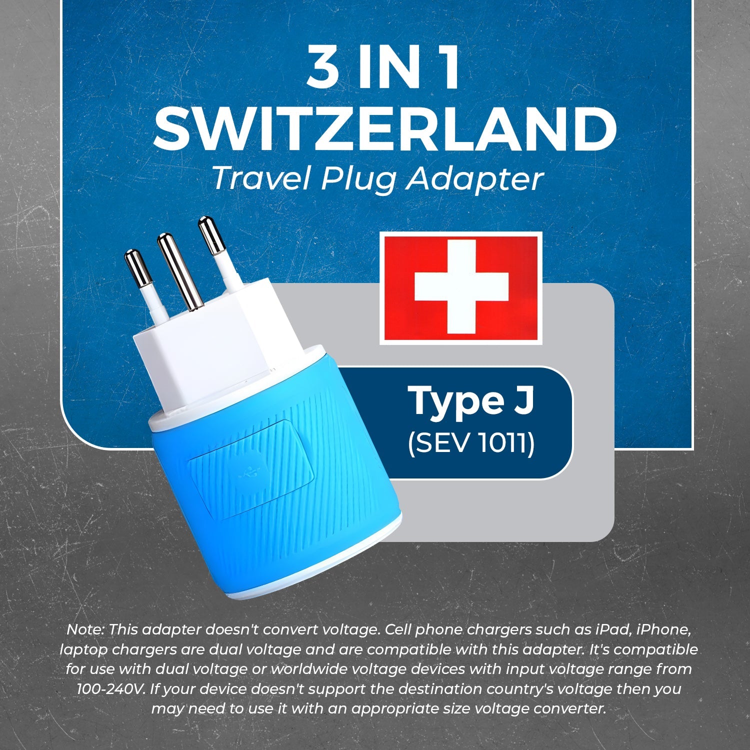 Compact Switzerland Travel Adapter - 3 in 1 with 2 USB Ports - Your Ideal Travel Companion