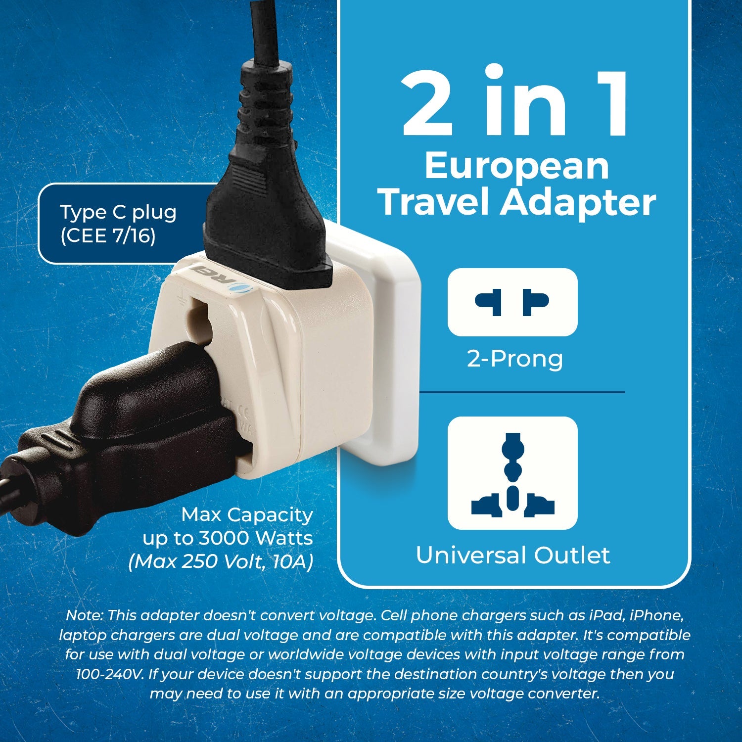 OREI DB-9C European Travel Adapter - Compact 2-in-1 Type C for Seamless Charging On-the-Go