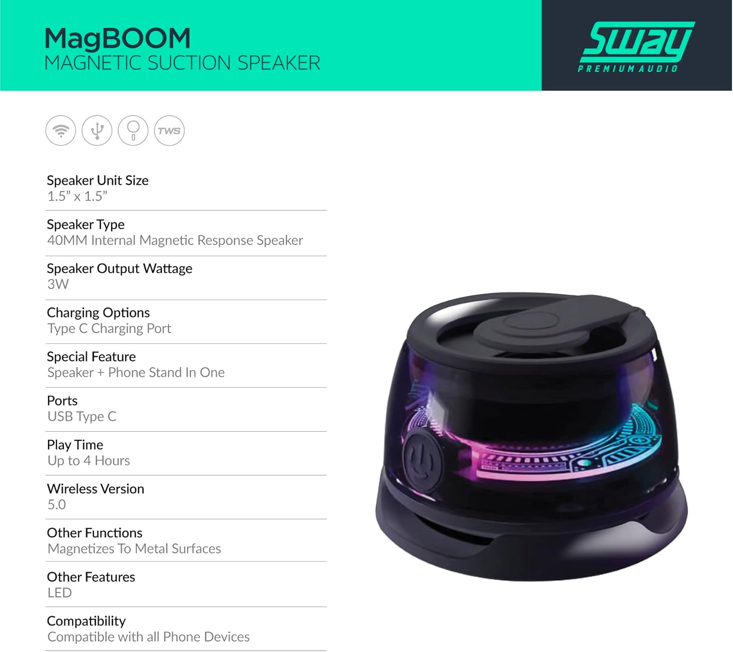 Sway Magboom 4-Pack LED Magnetic Bluetooth Party Speakers - Black