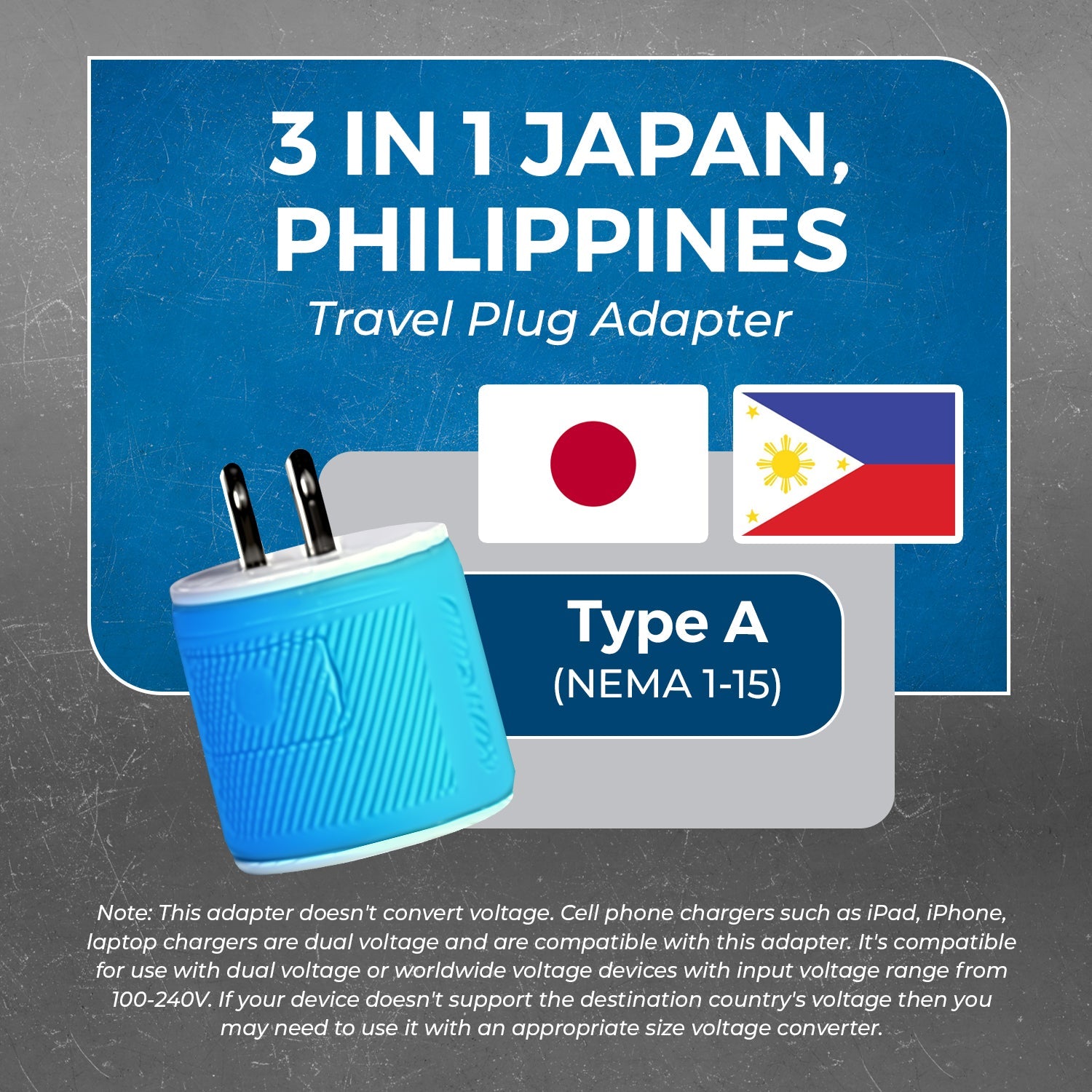 Universal Travel Adapter - 3 in 1 - 2 USB - Compact Design for Japan & Philippines (U2U-6)