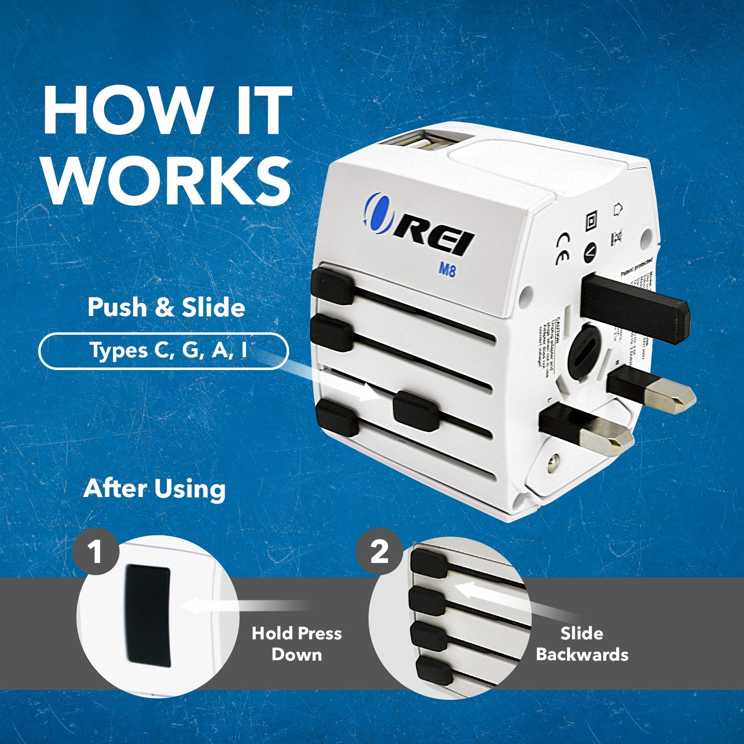 OREI World Travel Adapter Plug - Compact, All-in-One with 2 USB Ports (M8_White)