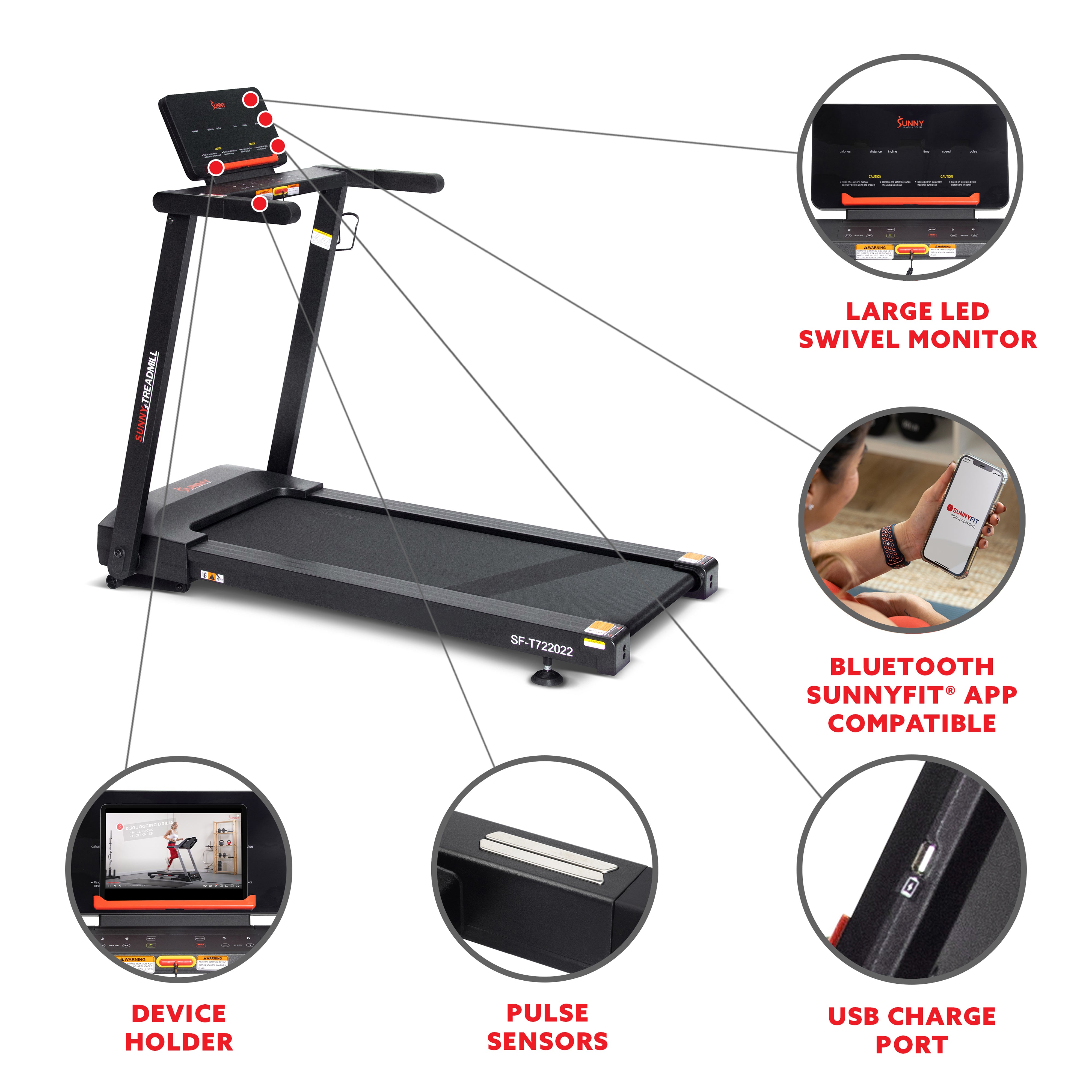 Sunny Health & Fitness Interactive Slim Auto Incline Bluetooth Treadmill SF-T722022