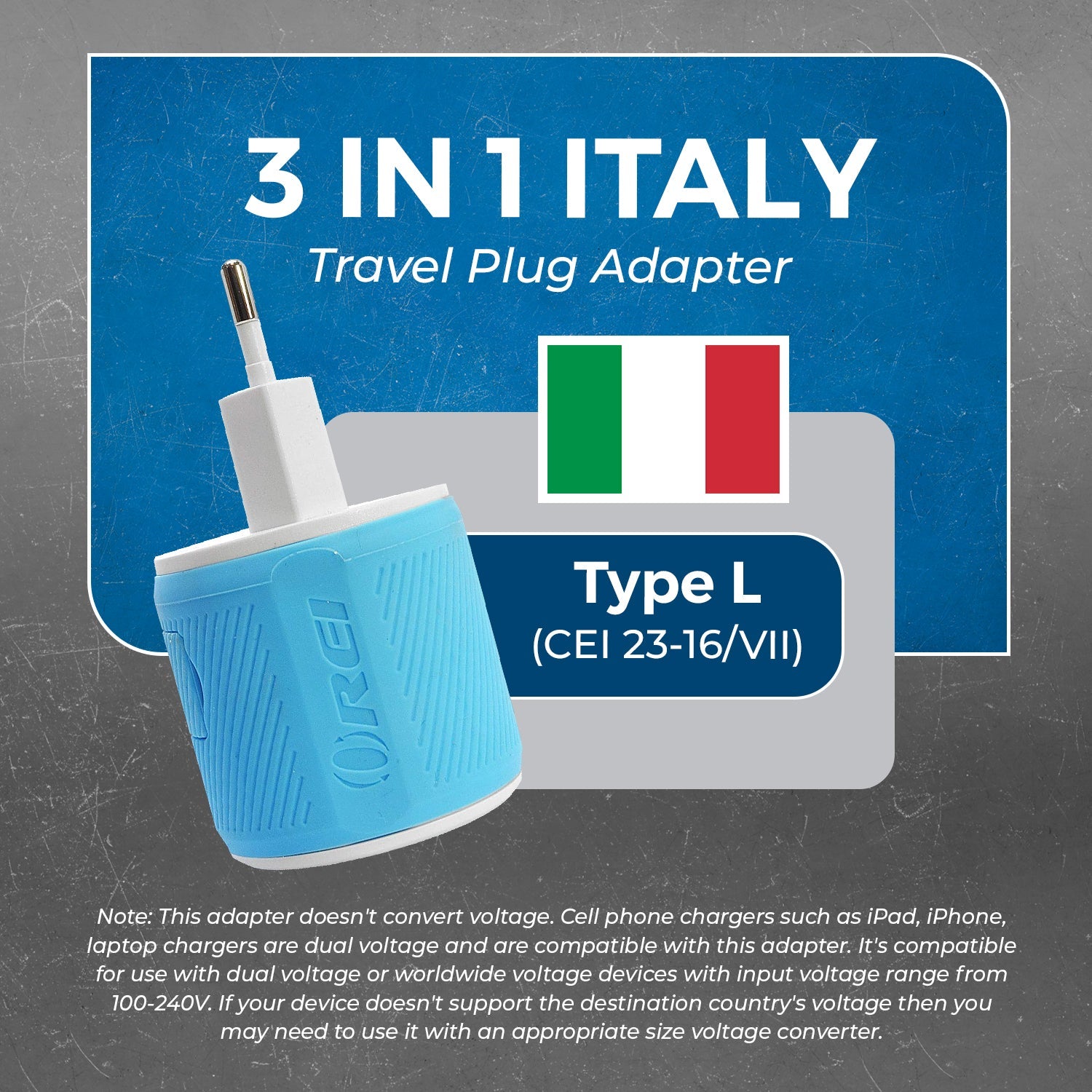 Universal Travel Adapter - 3 in 1 - 2 USB - Compact Design for Italy & Uruguay (U2U-12A)