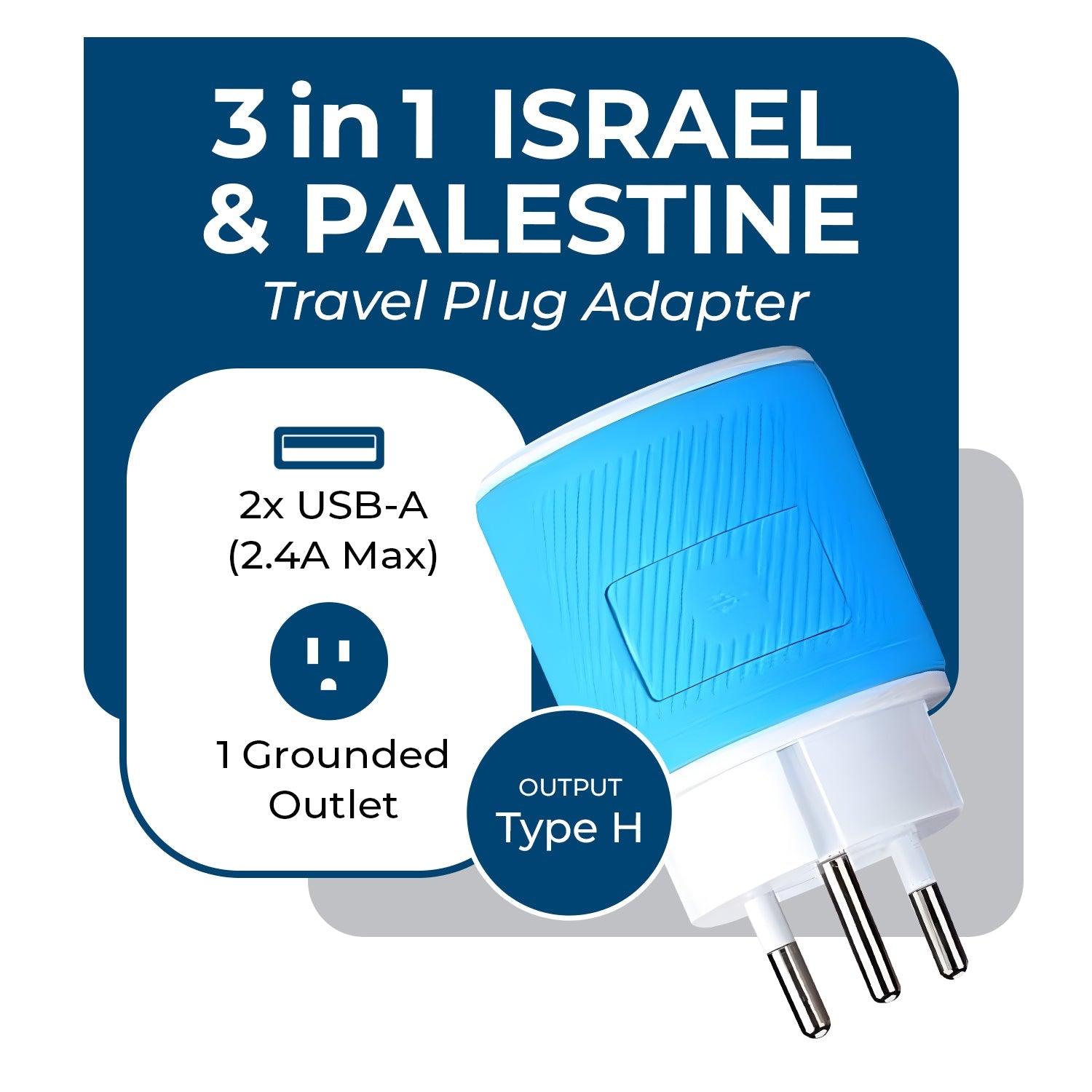 Universal Travel Adapter - 3 in 1 - 2 USB - Compact Design for Palestine, Gaza & Israel (U2U-14)