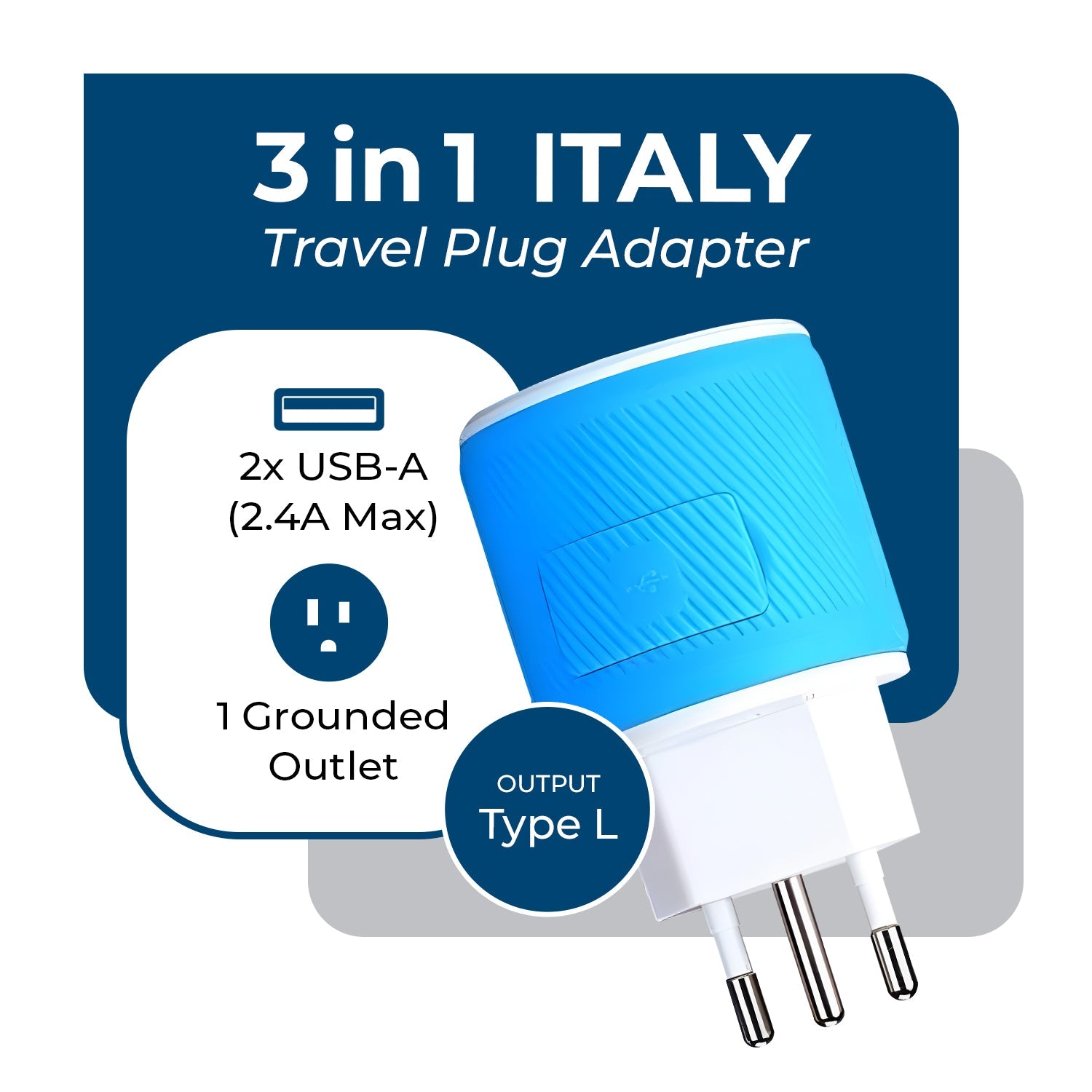 Universal Travel Adapter - 3 in 1 - 2 USB - Compact Design for Italy & Uruguay (U2U-12A)