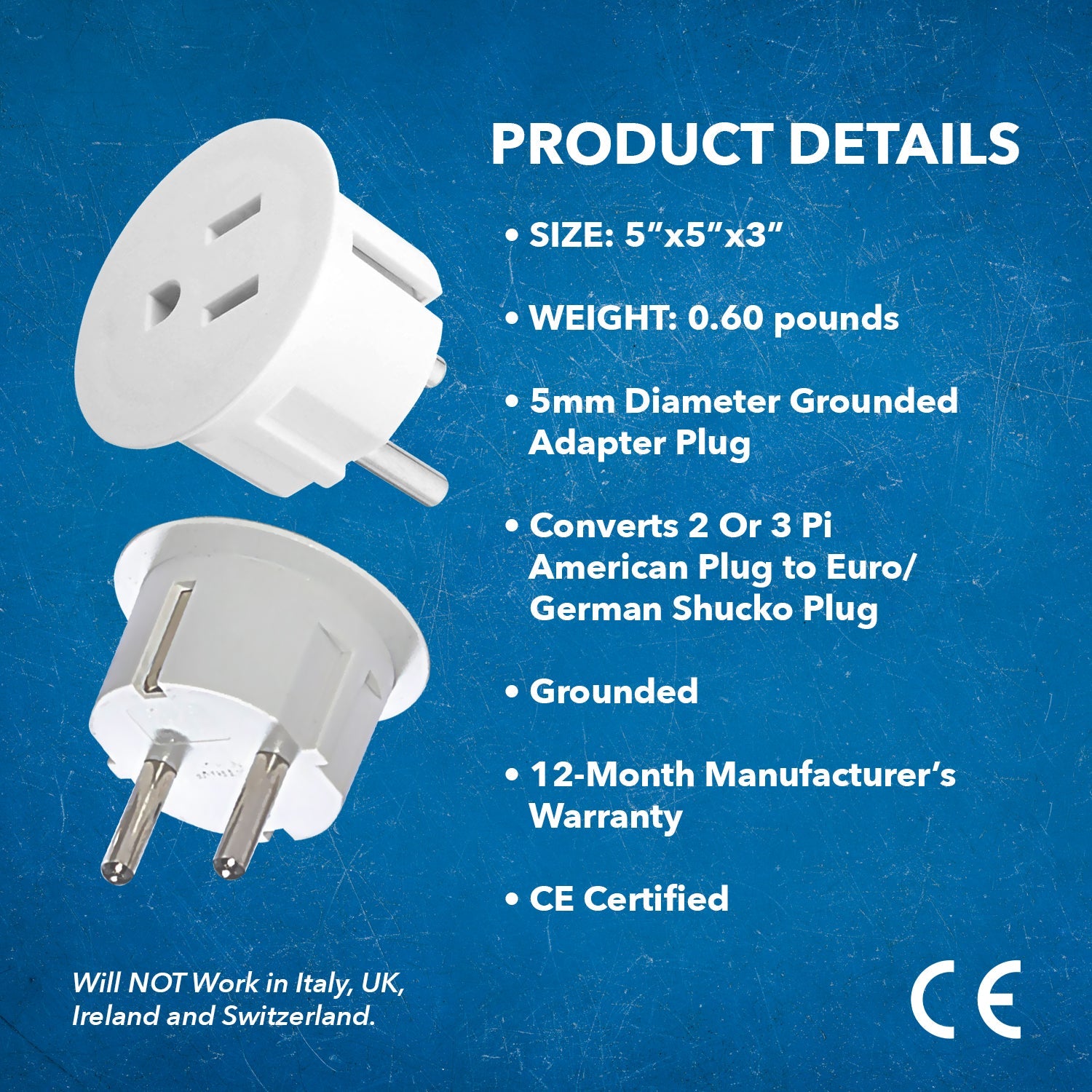 OREI Heavy Duty USA to European Schuko Plug Adapters - 2 Pack (GS20) - Your Travel Essential