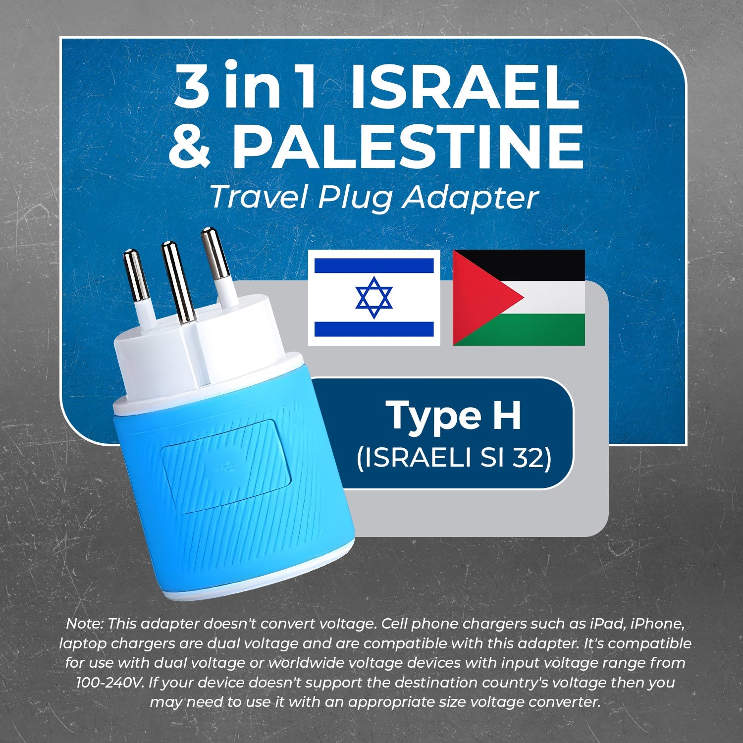 Universal Travel Adapter - 3 in 1 - 2 USB - Compact Design for Palestine, Gaza & Israel (U2U-14)