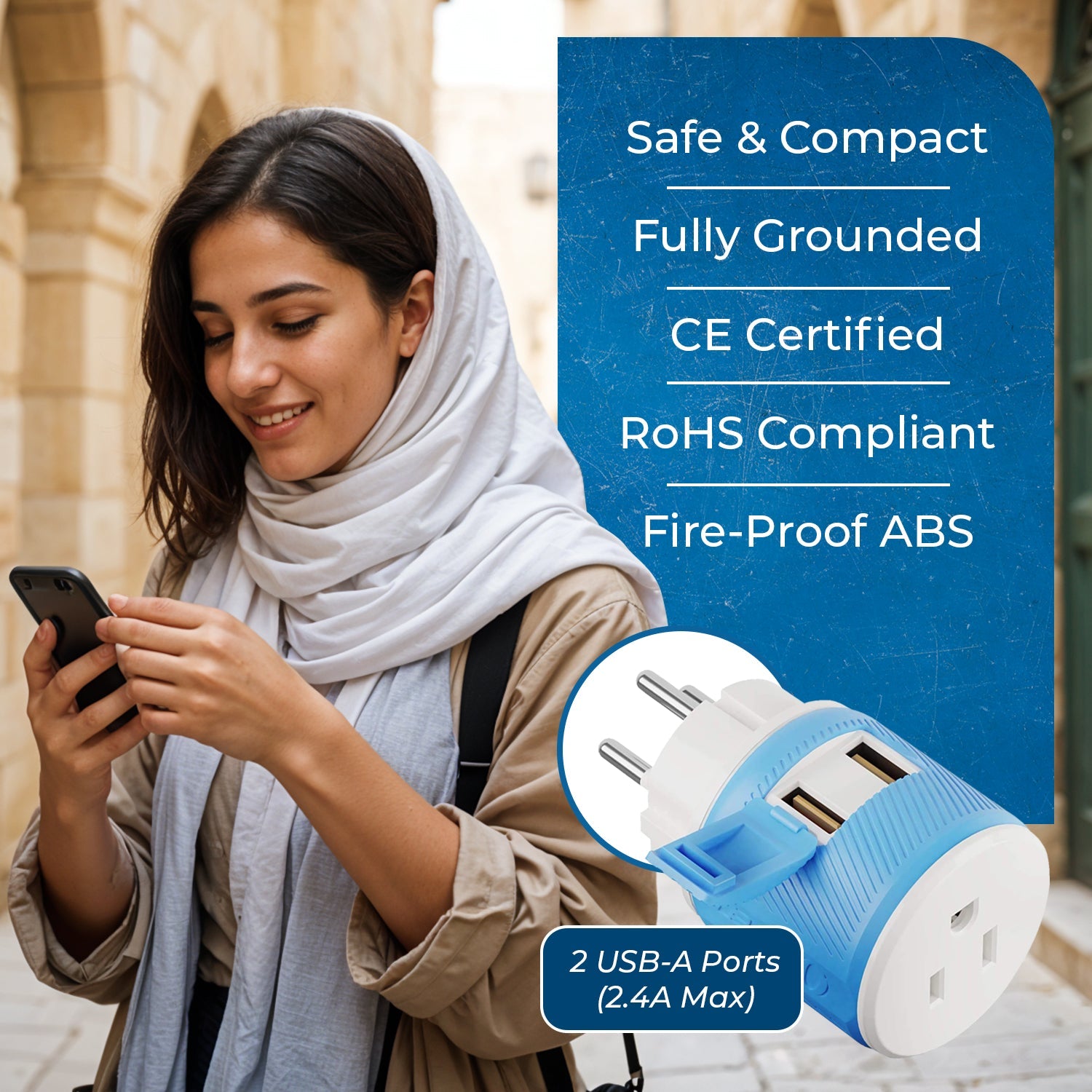Universal Travel Adapter - 3 in 1 - 2 USB - Compact Design for Palestine, Gaza & Israel (U2U-14)