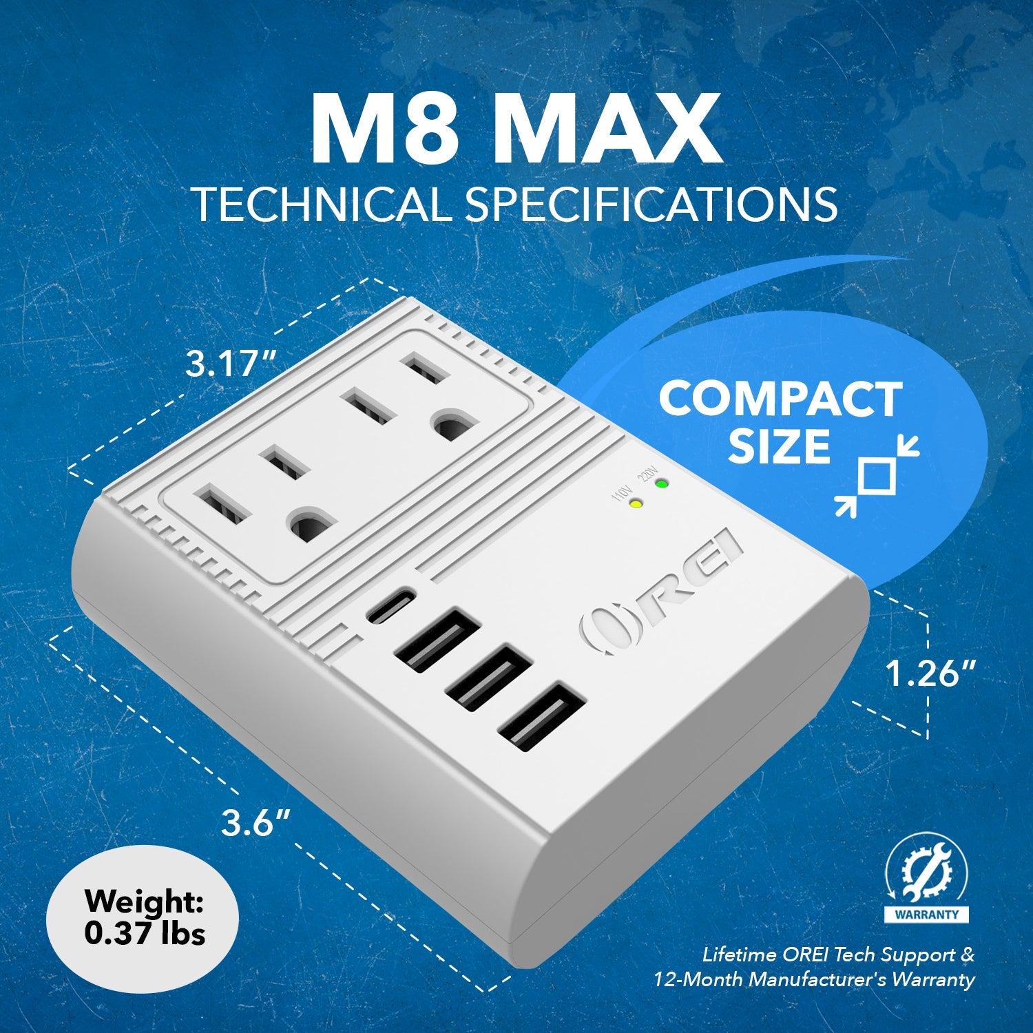 OREI M8 Max World Travel Adapter - Compact All-in-One with 3 USB Ports