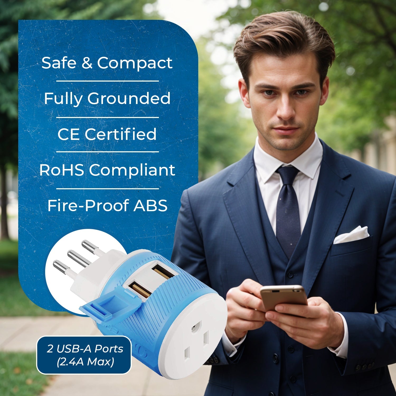 Universal Travel Adapter - 3 in 1 - 2 USB - Compact Design for Italy & Uruguay (U2U-12A)