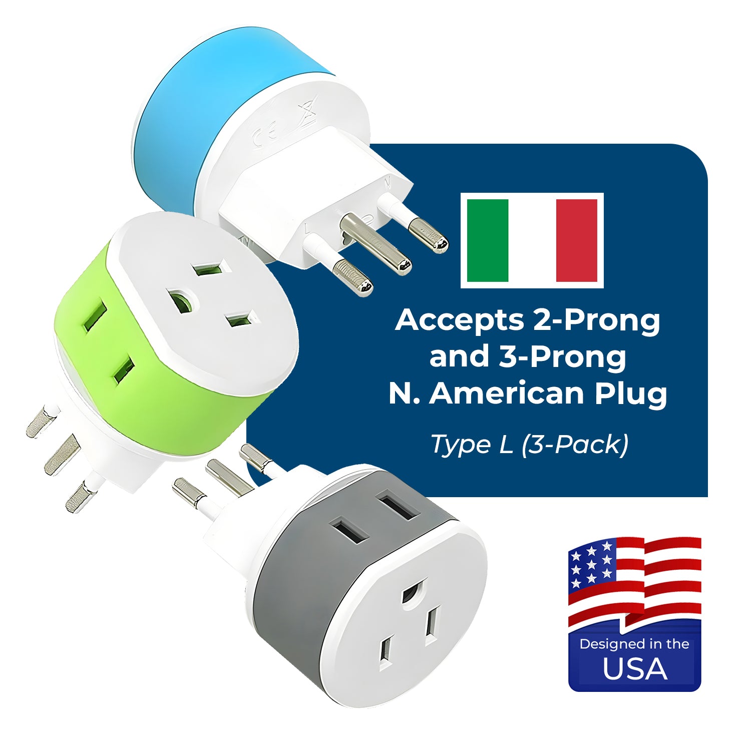 Compact 2-in-1 Travel Adapter for Italy & Uruguay - Type L (US-12A)