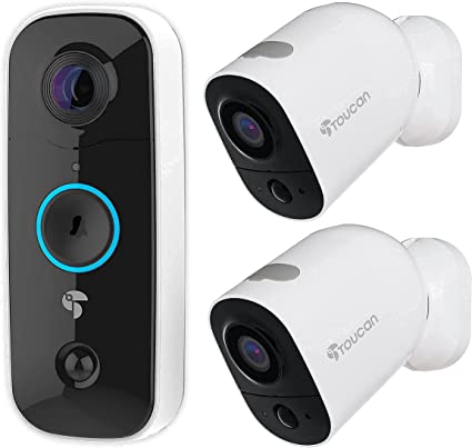 Toucan 1 Wireless Battery-Powered Video Doorbell with 2 6500 mAh Wireless Battery-Powered Cameras Bundle - Enhanced Home Security