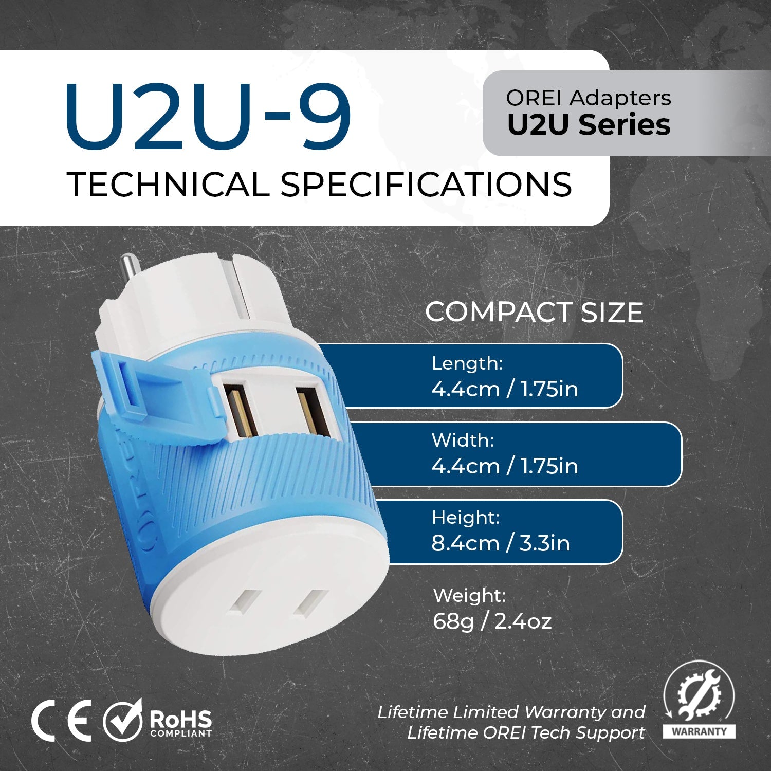 OREI Compact 3-in-1 Travel Adapter for Europe, France - 2 USB Ports, Type E/F Plug (U2U-9)