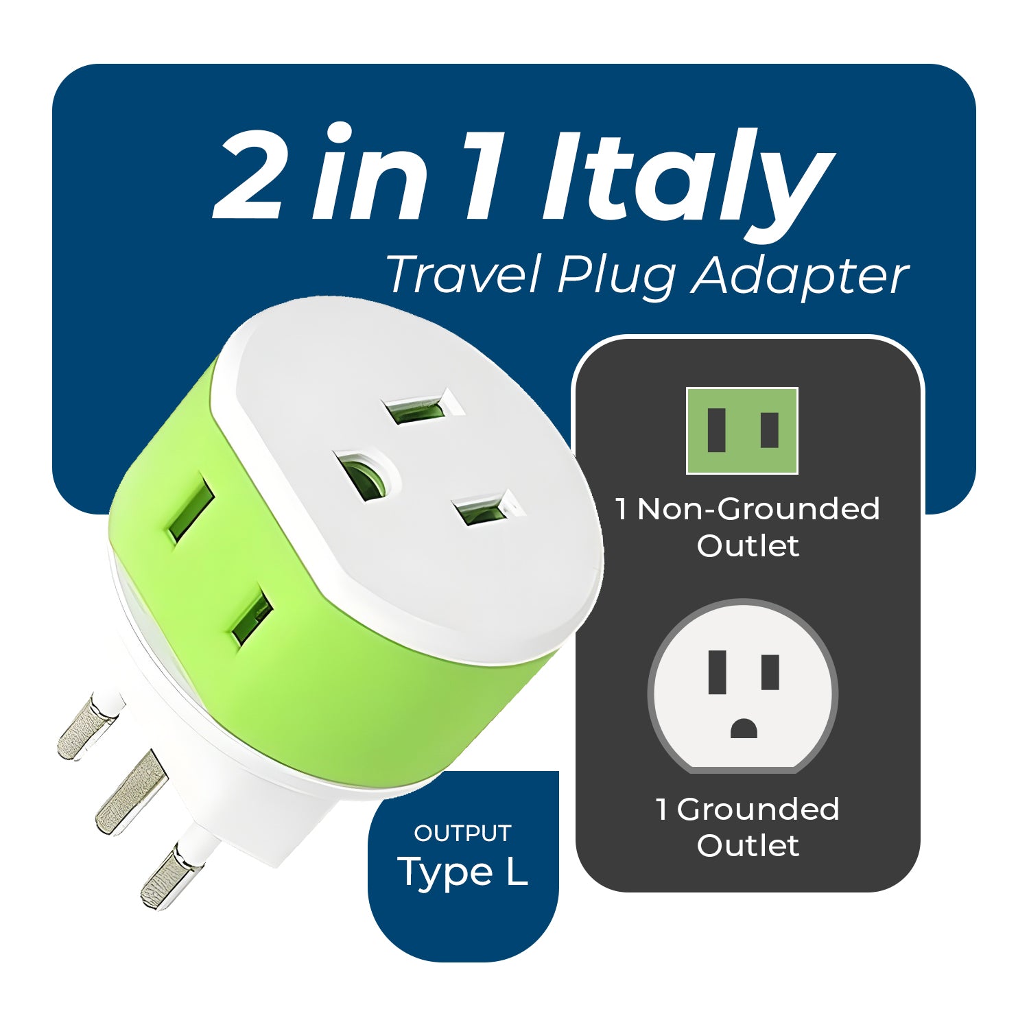 Compact 2-in-1 Travel Adapter for Italy & Uruguay - Type L (US-12A)