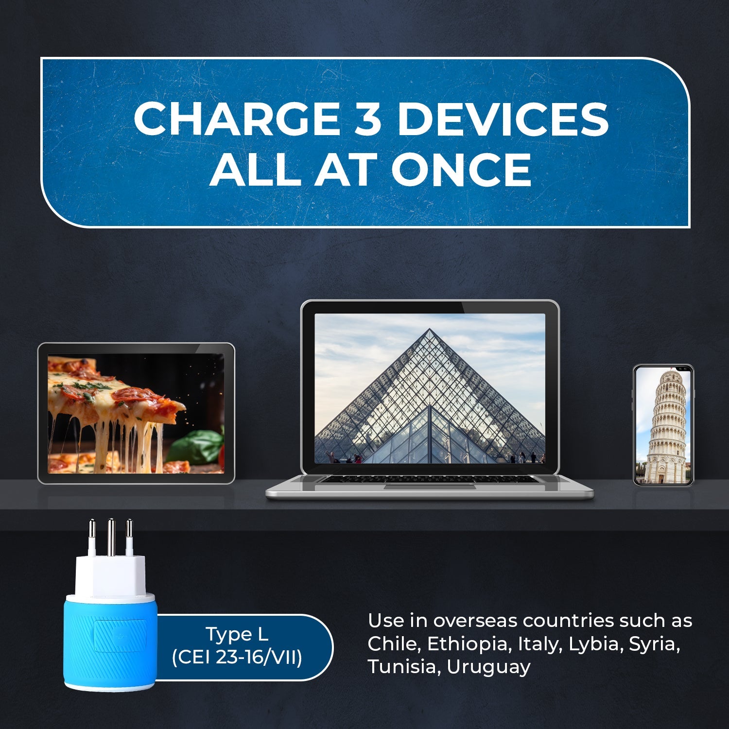 Universal Travel Adapter - 3 in 1 - 2 USB - Compact Design for Italy & Uruguay (U2U-12A)