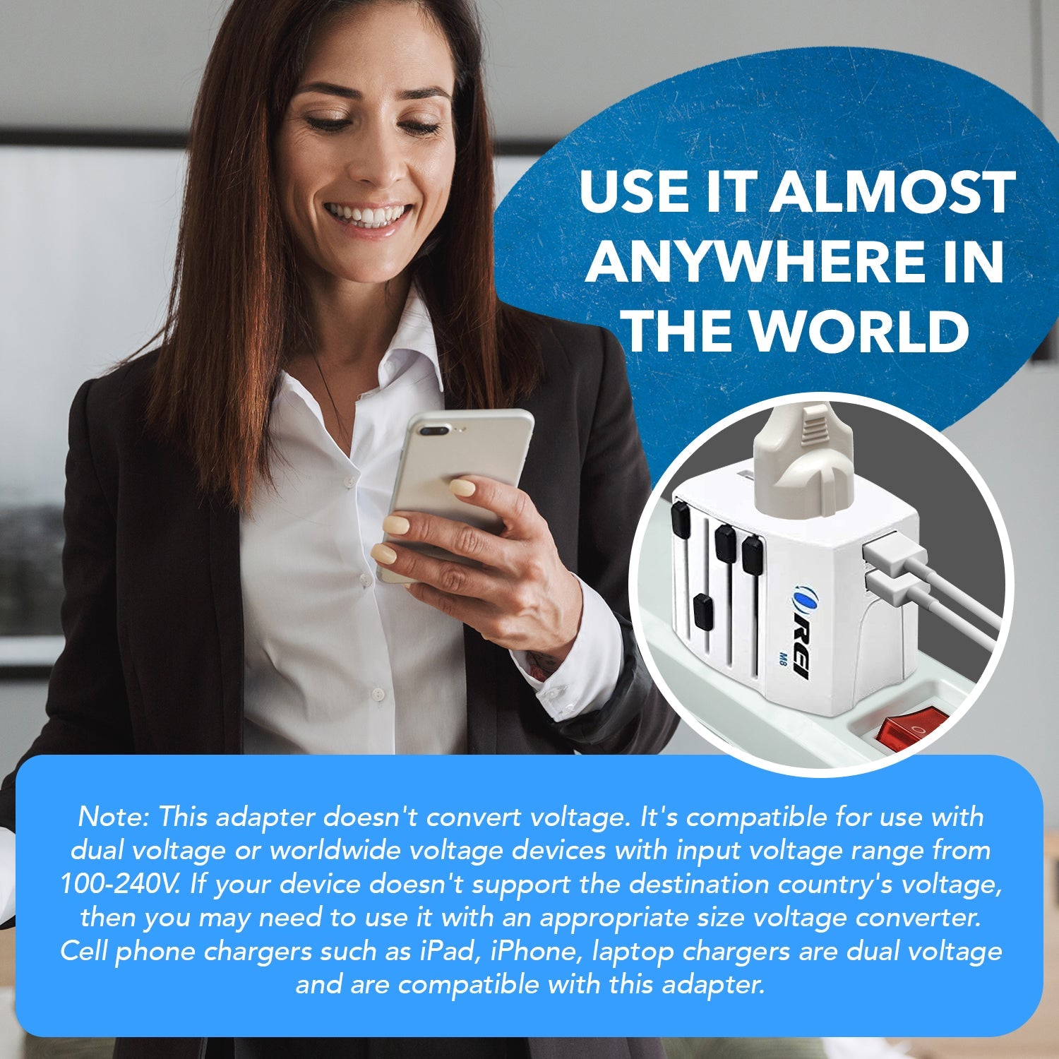 OREI World Travel Adapter Plug - Compact, All-in-One with 2 USB Ports (M8_White)