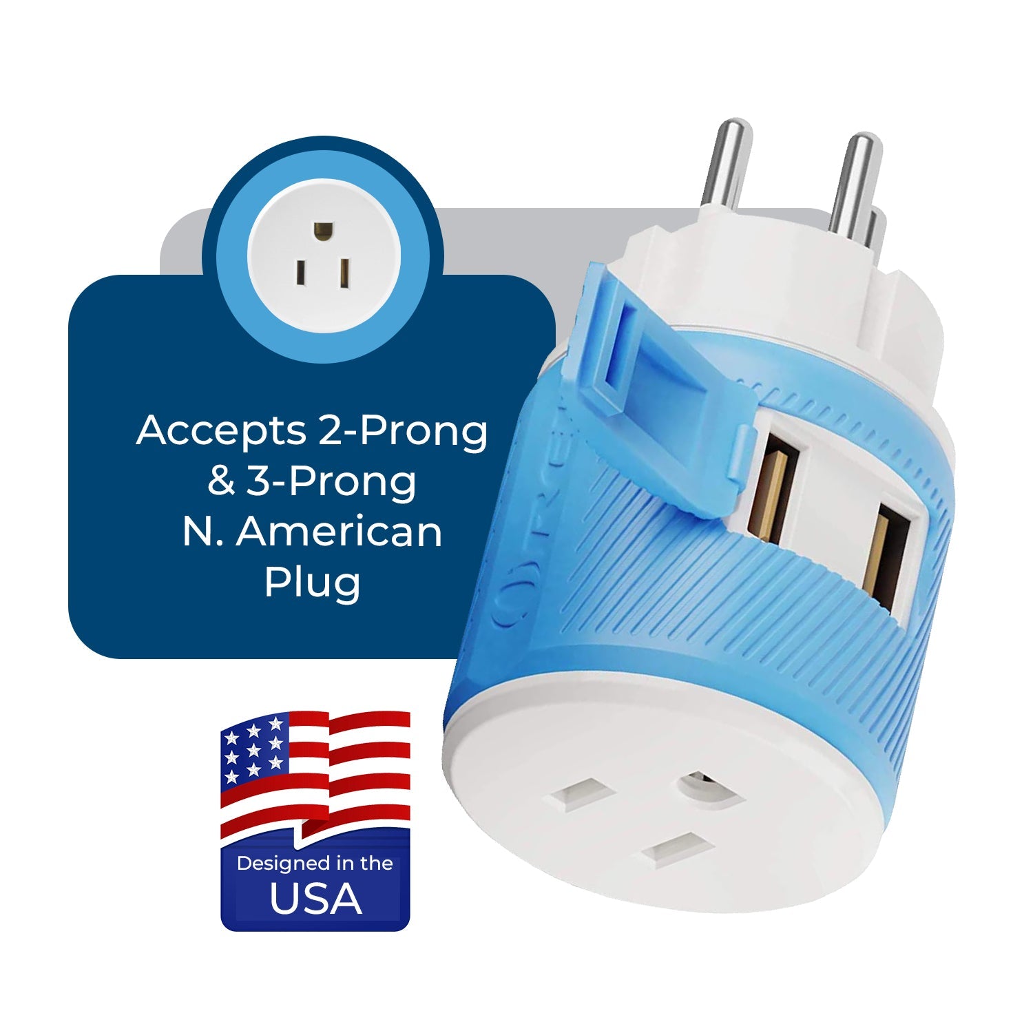 Universal Travel Adapter - 3 in 1 - 2 USB - Compact Design for Palestine, Gaza & Israel (U2U-14)