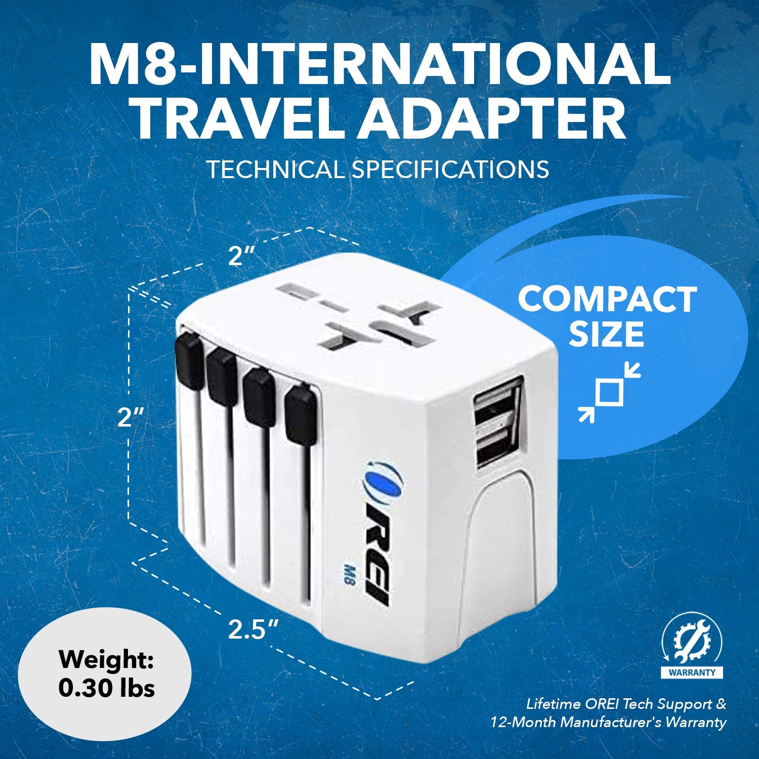 OREI World Travel Adapter Plug - Compact, All-in-One with 2 USB Ports (M8_White)