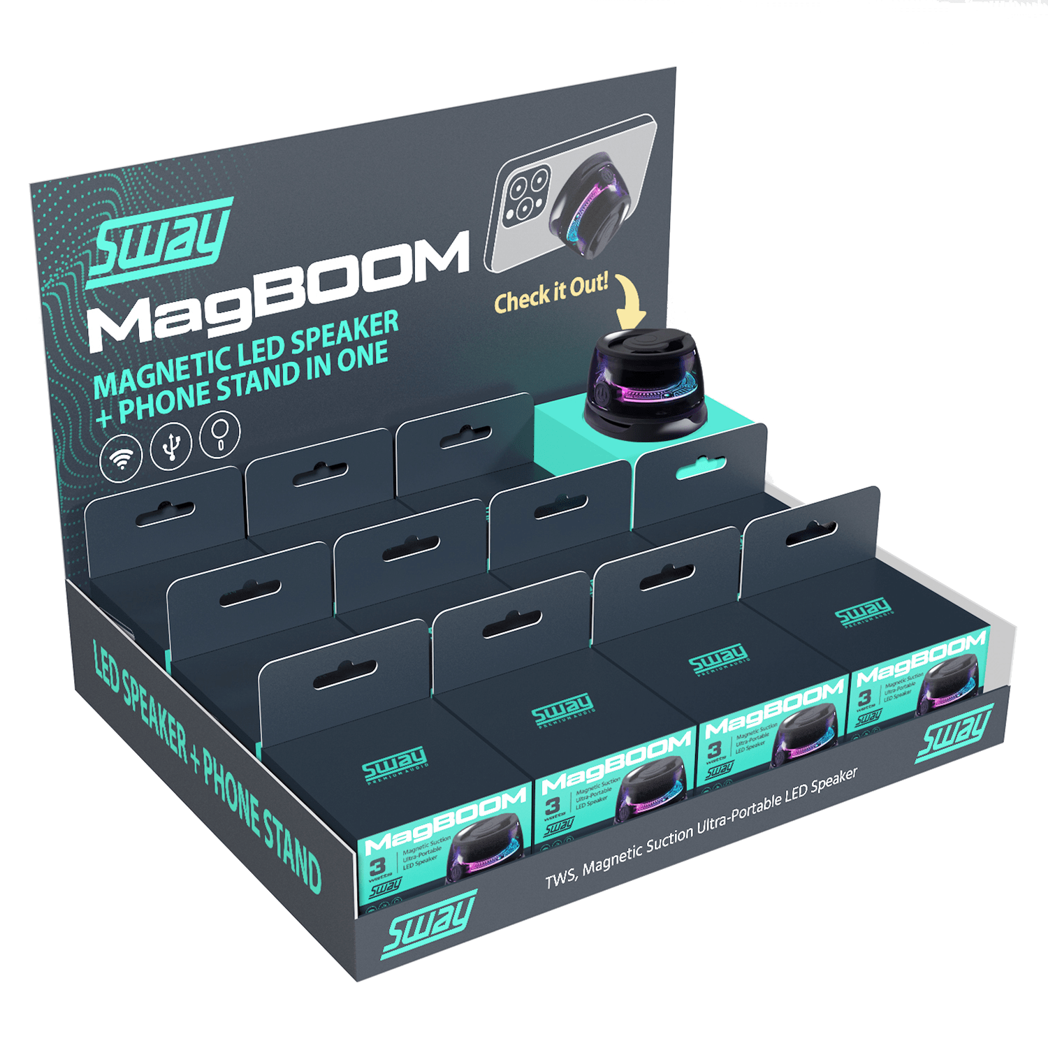 Sway Magboom 12-Pack LED Magnetic Bluetooth Party Speakers - Black
