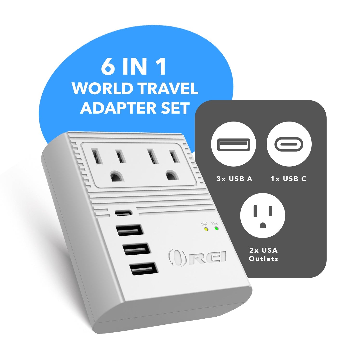 OREI M8 Max World Travel Adapter - Compact All-in-One with 3 USB Ports