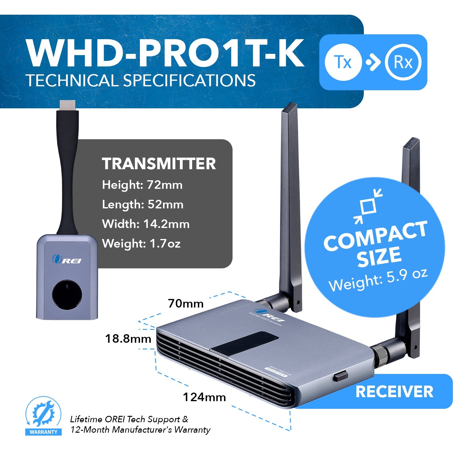 OREI 1080p Wireless HDMI Extender with Screen Mirroring - Up to 100ft (WHD-PRO1T-K)