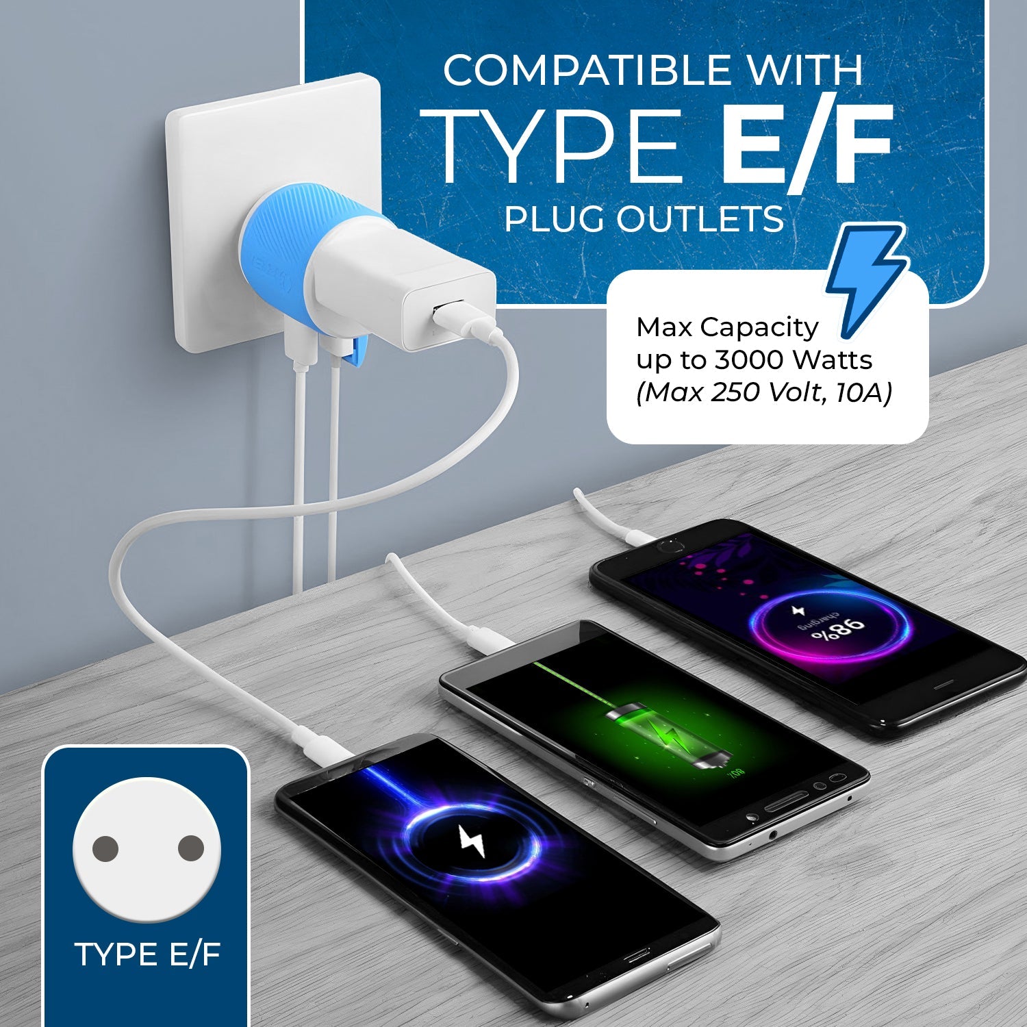 OREI Compact 3-in-1 Travel Adapter for Europe, France - 2 USB Ports, Type E/F Plug (U2U-9)