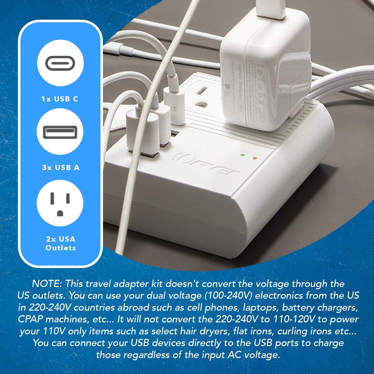 OREI M8 Max World Travel Adapter - Compact All-in-One with 3 USB Ports
