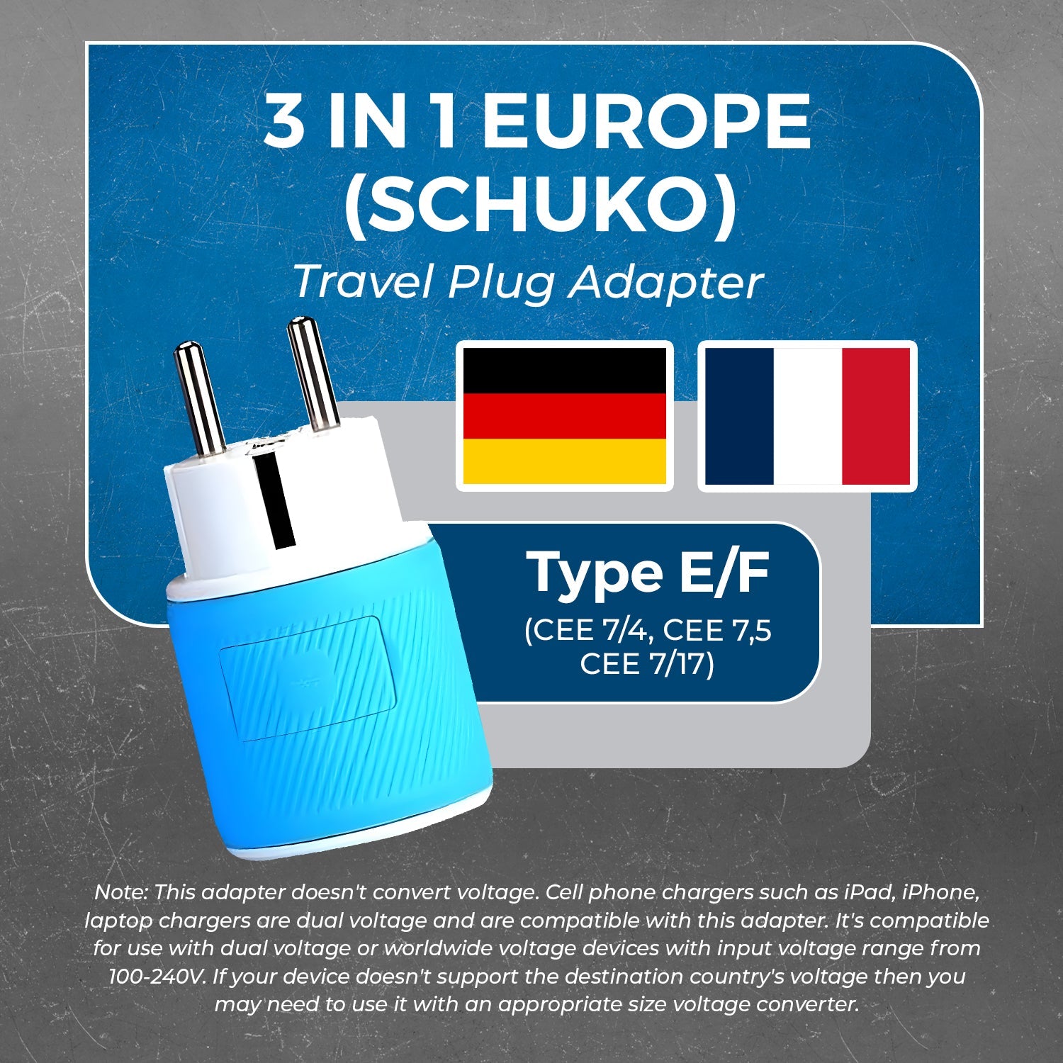 OREI Compact 3-in-1 Travel Adapter for Europe, France - 2 USB Ports, Type E/F Plug (U2U-9)