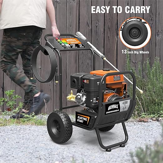 Genmax GMGPW4200-A Pro Gas Pressure Washer - 4200 PSI, 4 GPM, Electric-Start, 5 QC Nozzle Tips, Spray Gun, and 3/8-inch x 50-Foot Hose