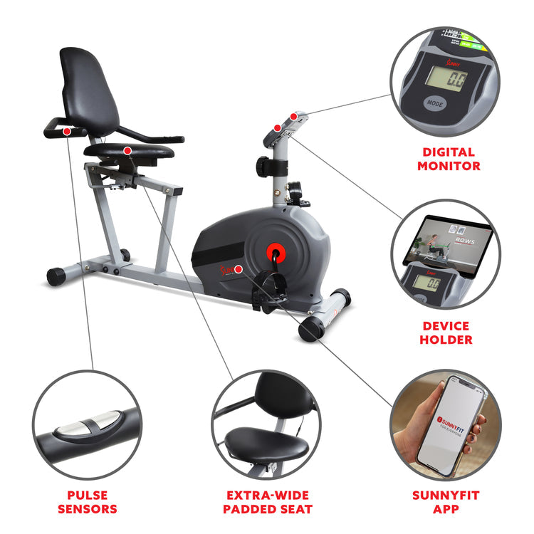 Sunny Health & Fitness Magnetic Smart Recumbent Bike - Your Gateway to Effortless Home Fitness