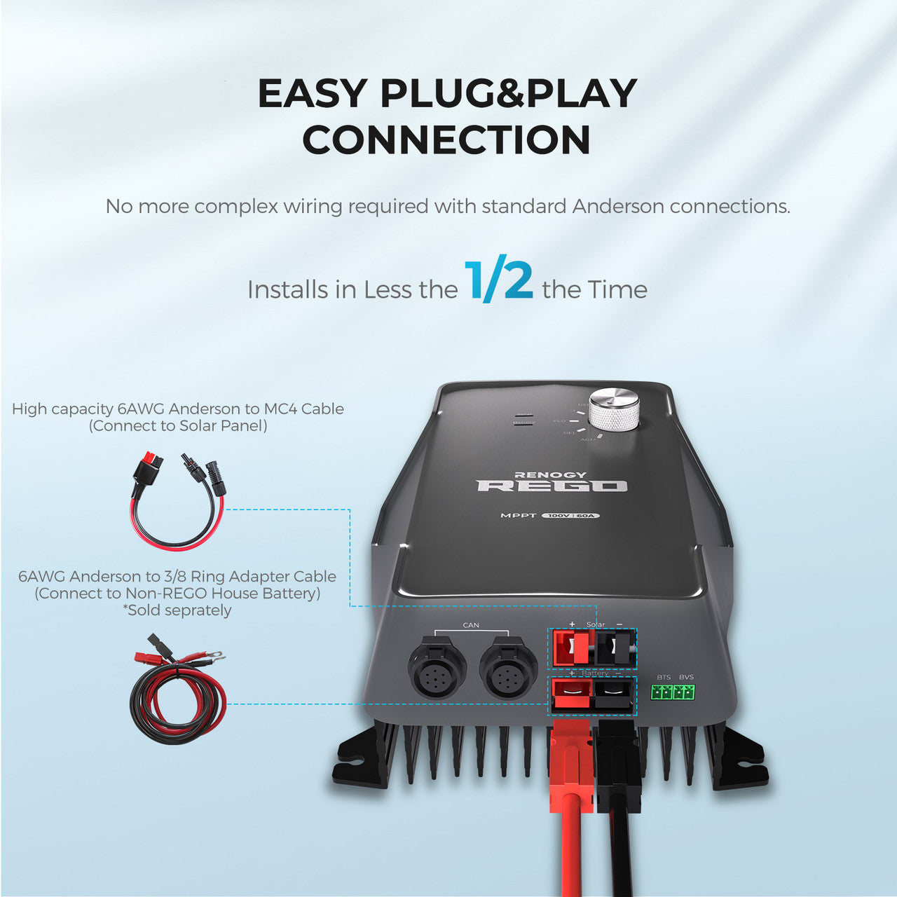 Renogy REGO 12V 60A MPPT Solar Charge Controller Bundle with 10Ft Power Cable