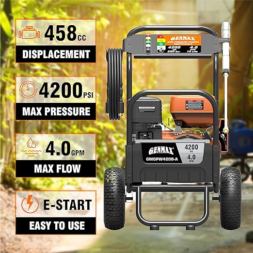 Genmax GMGPW4200-A Pro Gas Pressure Washer - 4200 PSI, 4 GPM, Electric-Start, 5 QC Nozzle Tips, Spray Gun, and 3/8-inch x 50-Foot Hose