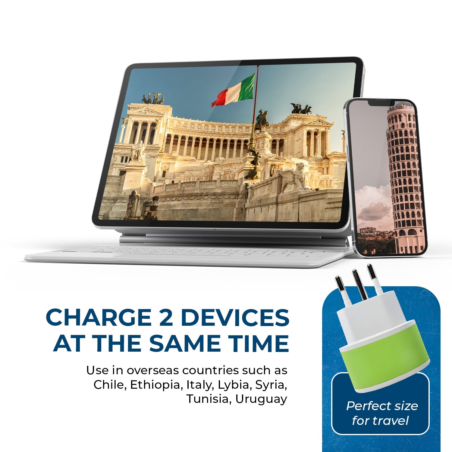 Compact 2-in-1 Travel Adapter for Italy & Uruguay - Type L (US-12A)
