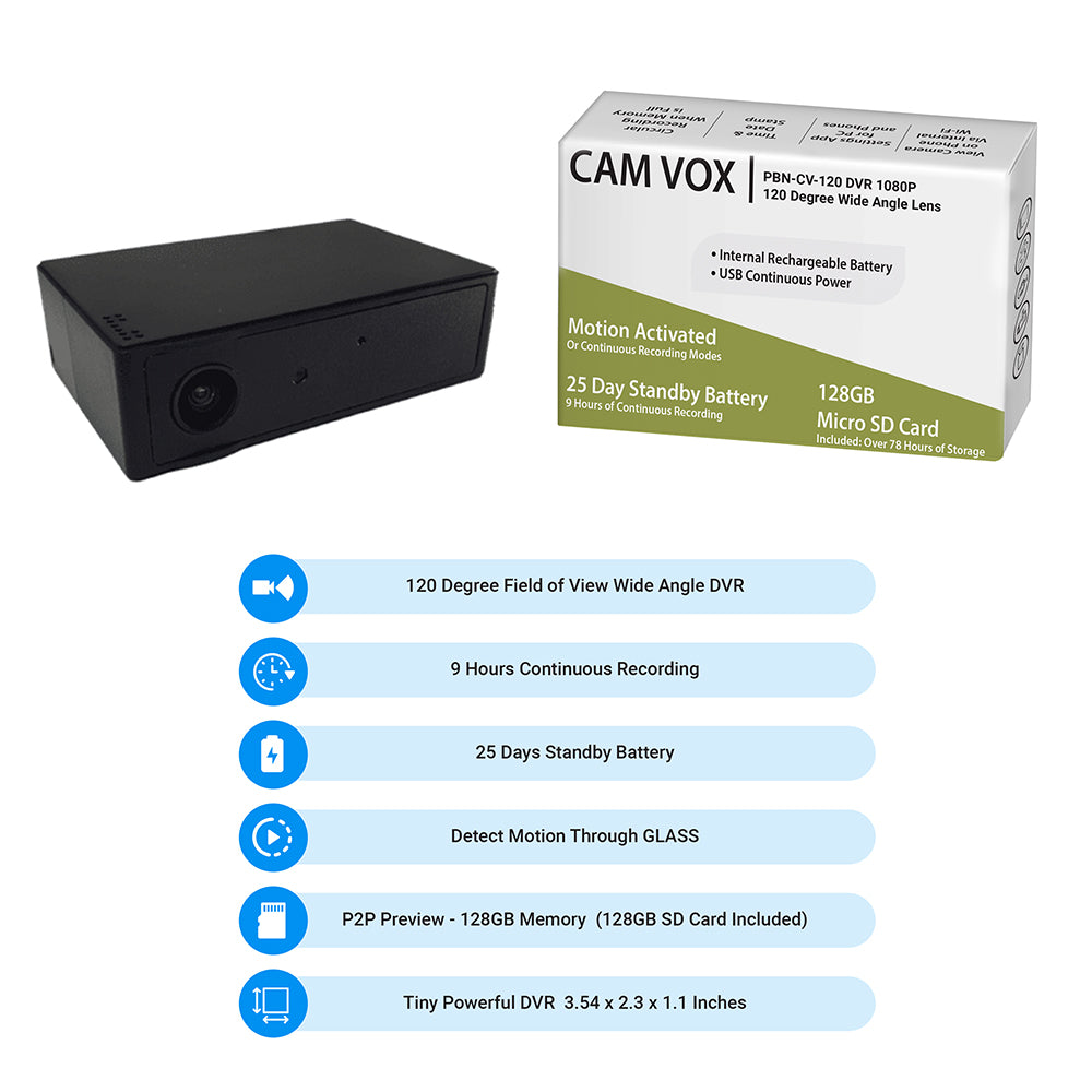 PBN - TEC Cam Vox Pro: 120° Wide Angle DVR with 128GB Storage and 25-Day Standby