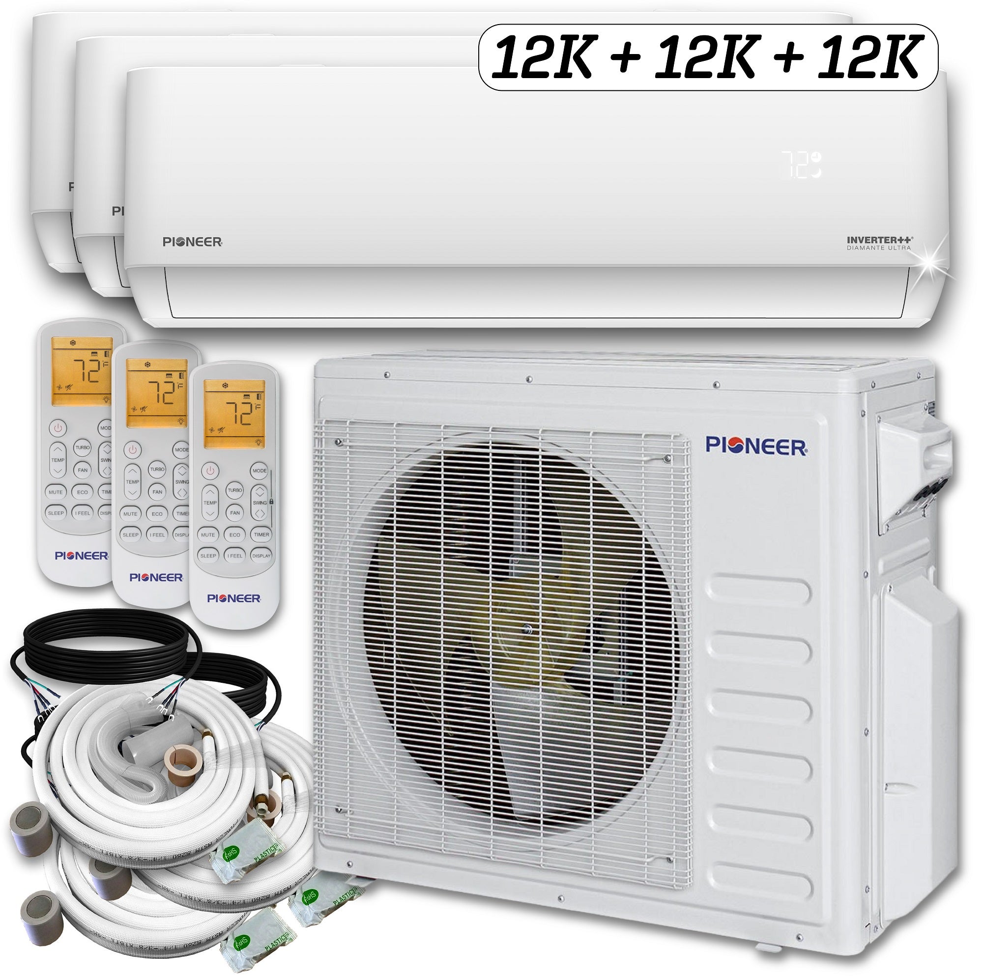 Pioneer Diamante 3-Zone Wi-Fi Wall Mount Air Conditioner Heat Pump - 36000 BTU, 21.5 SEER2, Energy Star