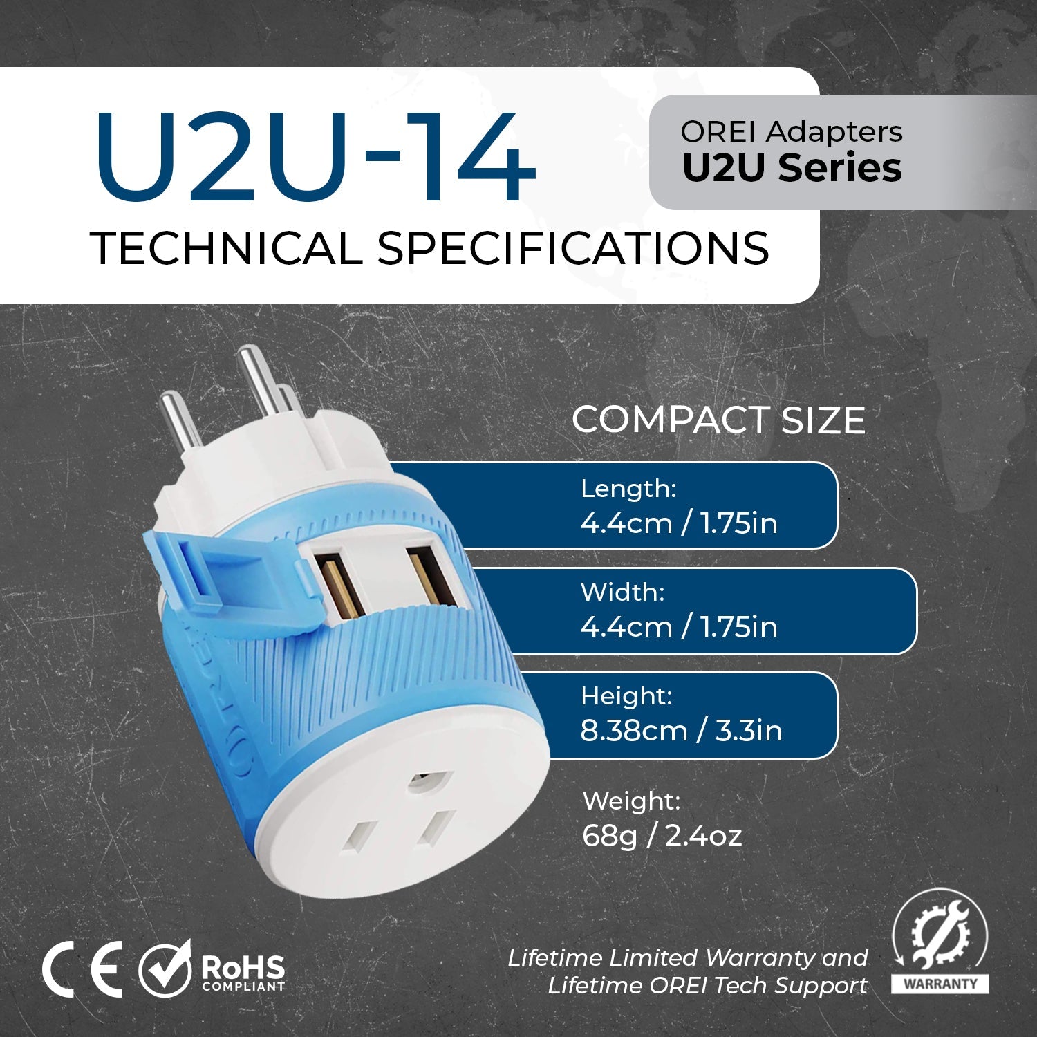Universal Travel Adapter - 3 in 1 - 2 USB - Compact Design for Palestine, Gaza & Israel (U2U-14)