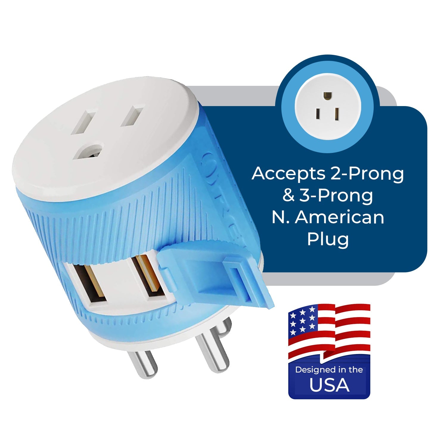 Universal Travel Adapter - 3 in 1 - 2 USB - Compact Design for India & Nepal (U2U-10)