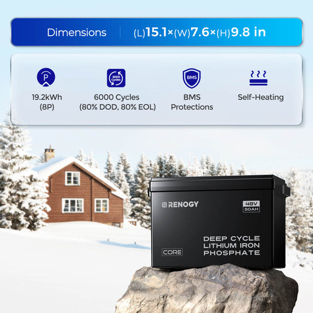 Renogy 48V 50Ah Smart Lithium Iron Phosphate Battery with Self-Heating for Off-Grid Living