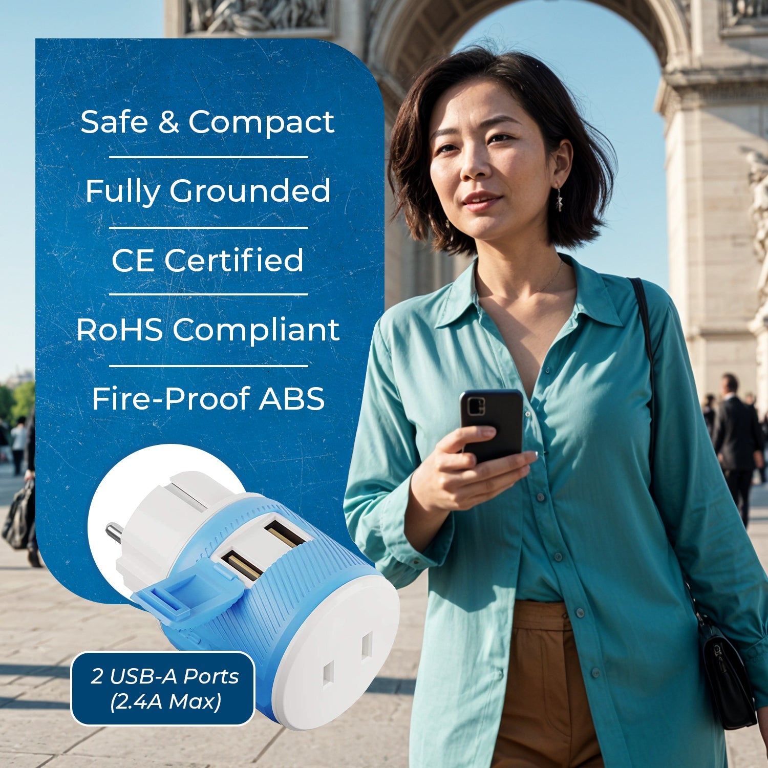 OREI Compact 3-in-1 Travel Adapter for Europe, France - 2 USB Ports, Type E/F Plug (U2U-9)