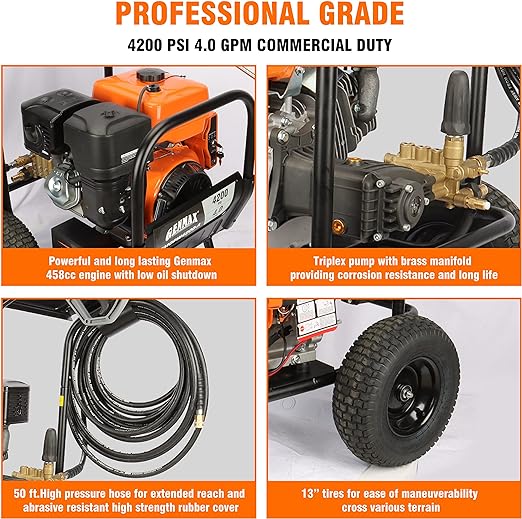 Genmax GMGPW4200-A Pro Gas Pressure Washer - 4200 PSI, 4 GPM, Electric-Start, 5 QC Nozzle Tips, Spray Gun, and 3/8-inch x 50-Foot Hose