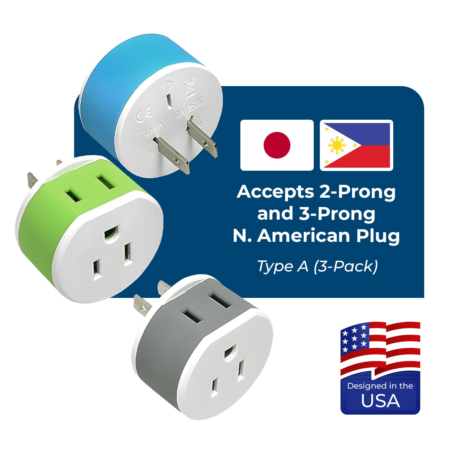 Universal Travel Adapter for Japan & Philippines - Compact 2-in-1 Type A (US-6)