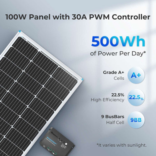 Renogy 100W 12V Monocrystalline Solar Starter Kit with 30A Charge Controller - Your Gateway to Solar Power