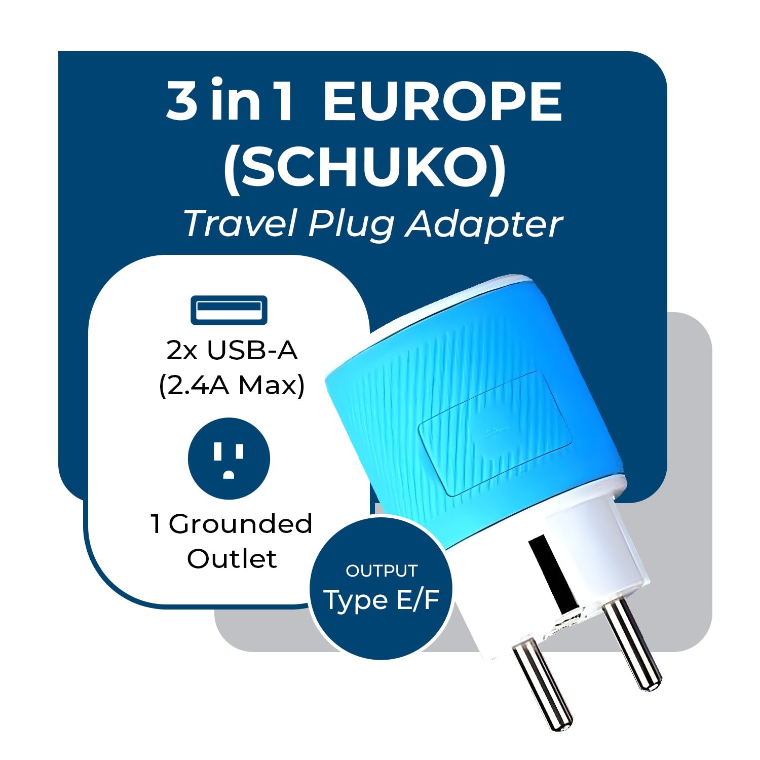OREI Compact 3-in-1 Travel Adapter for Europe, France - 2 USB Ports, Type E/F Plug (U2U-9)