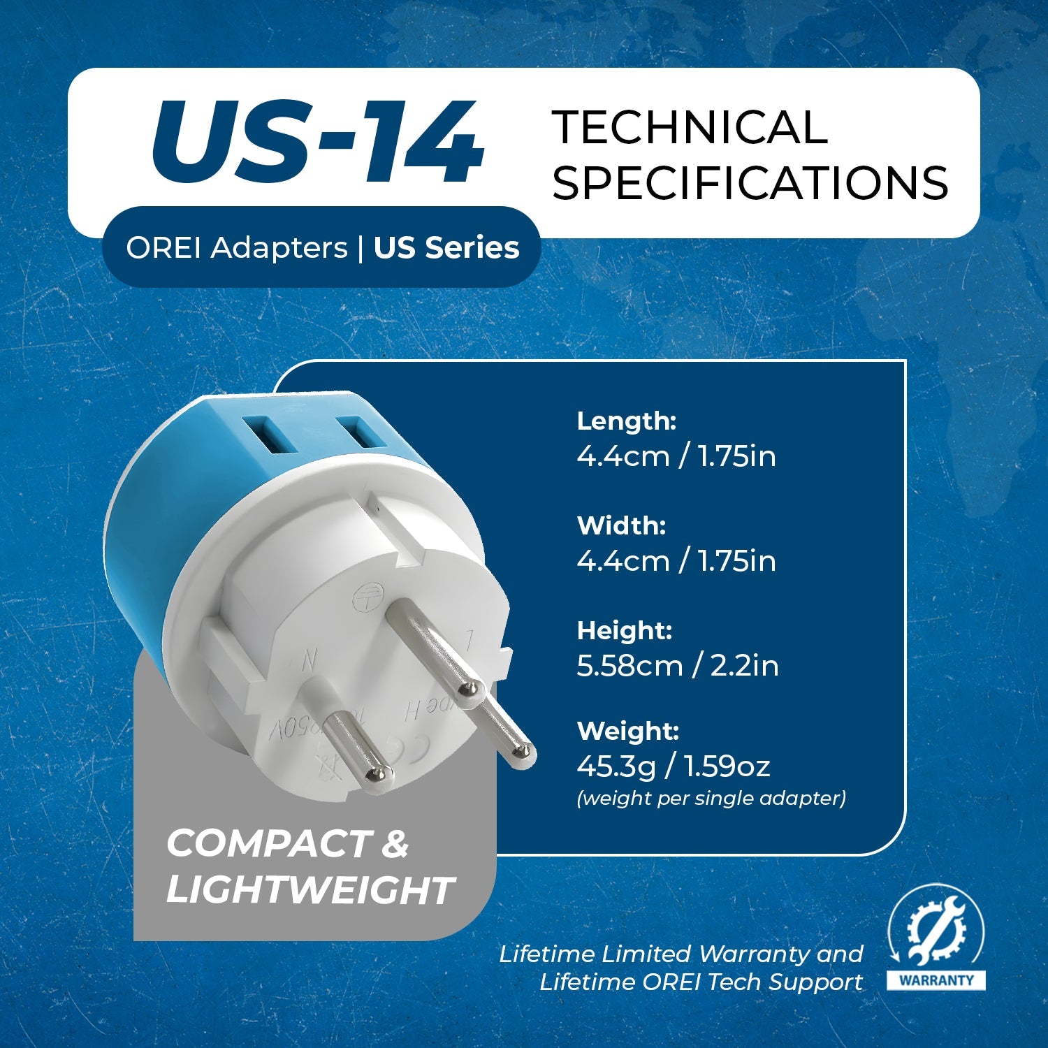 OREI Compact 2-in-1 Travel Adapter for Palestine & Israel - Type H (US-14)