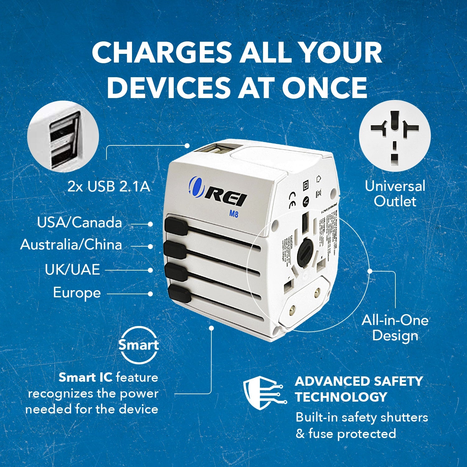 OREI World Travel Adapter Plug - Compact, All-in-One with 2 USB Ports (M8_White)