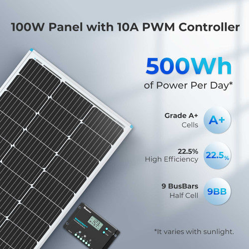Renogy 100W 12V Monocrystalline Solar Starter Kit with Wanderer 10A Charge Controller - Your Key to Easy Solar Power