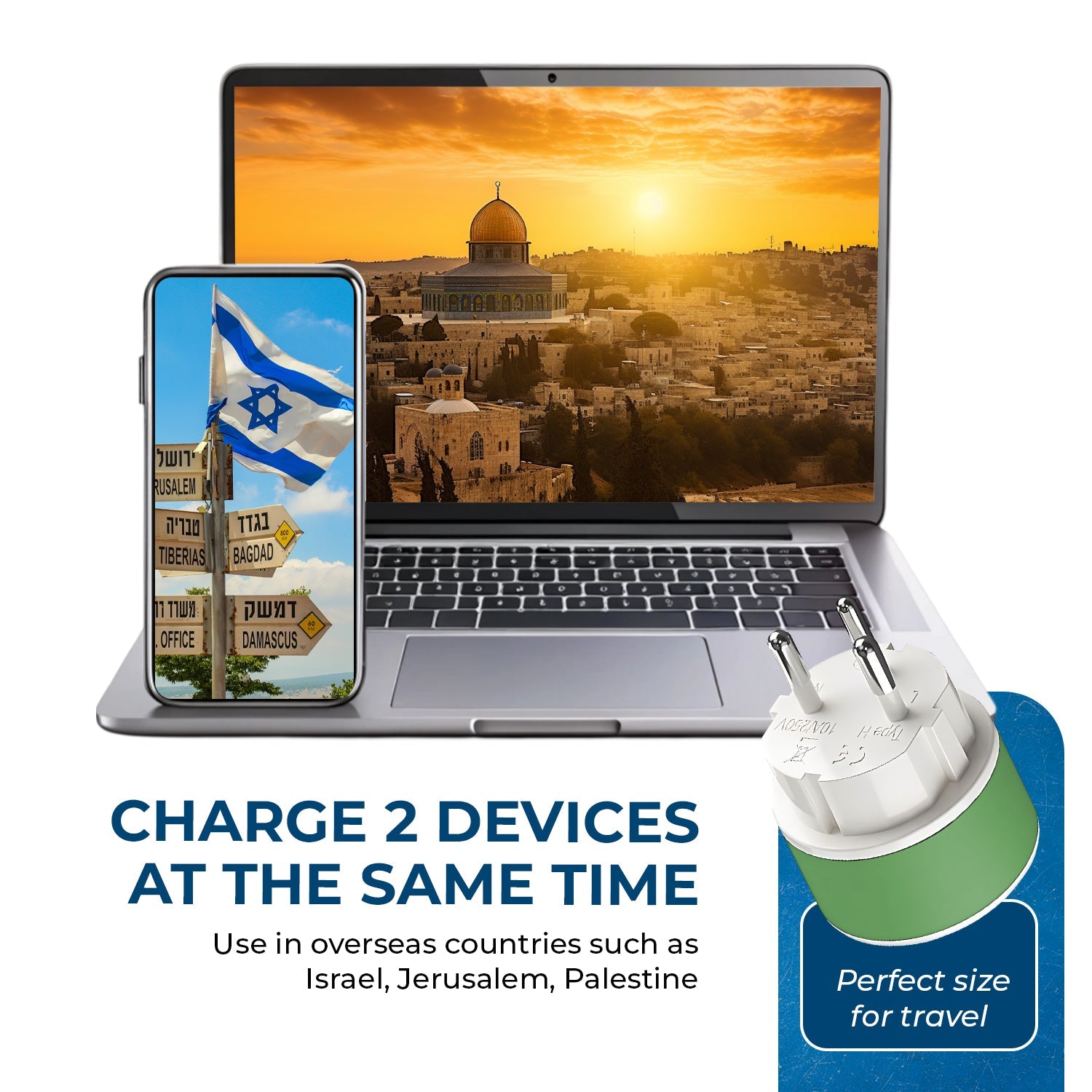 OREI Compact 2-in-1 Travel Adapter for Palestine & Israel - Type H (US-14)