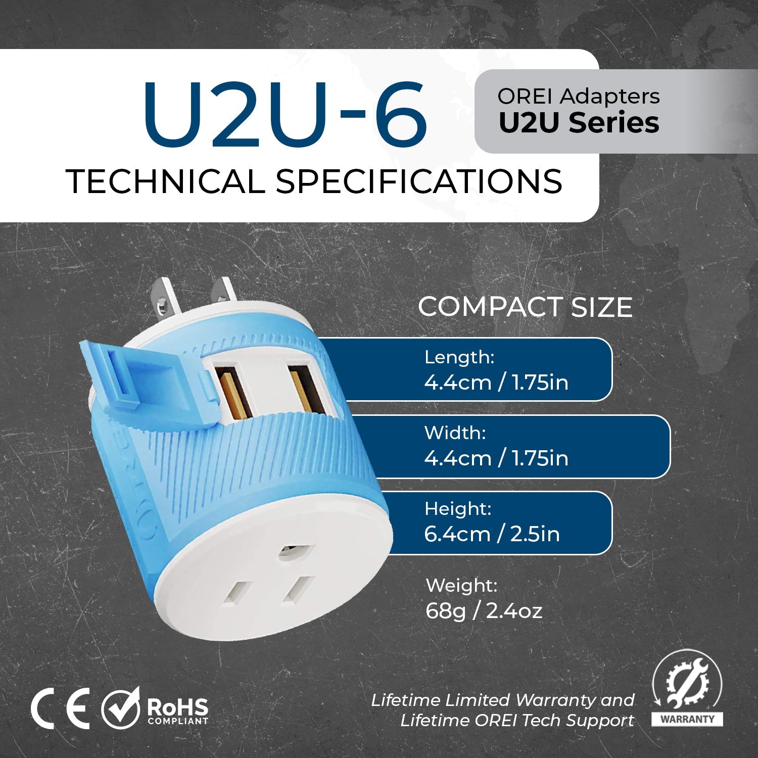 Universal Travel Adapter - 3 in 1 - 2 USB - Compact Design for Japan & Philippines (U2U-6)