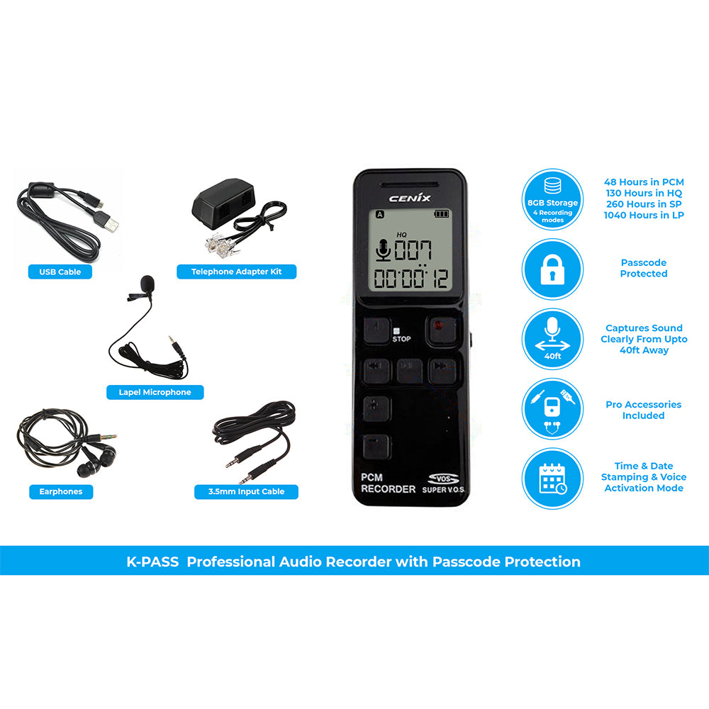 K-PASS-OTG 1040HR Password-Protected Audio Recorder