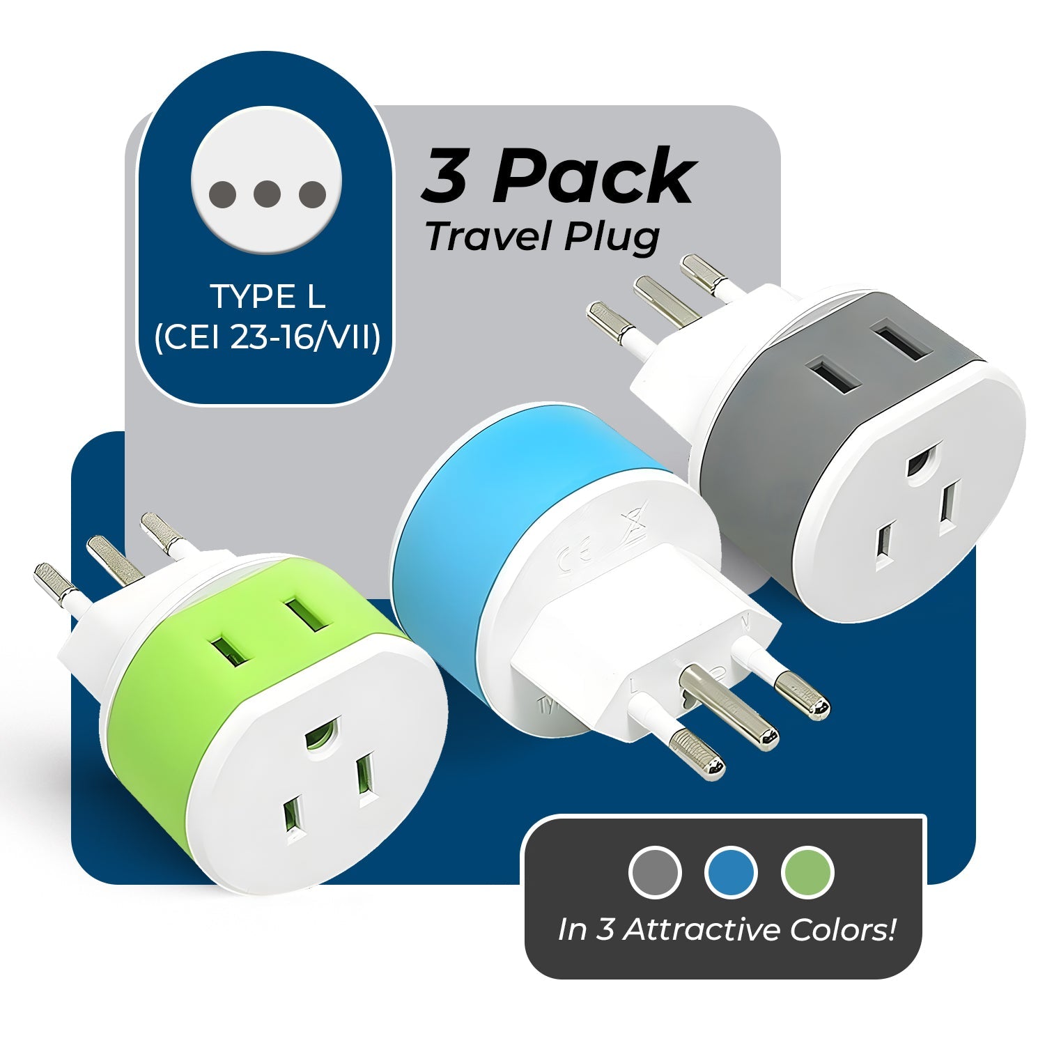 Compact 2-in-1 Travel Adapter for Italy & Uruguay - Type L (US-12A)